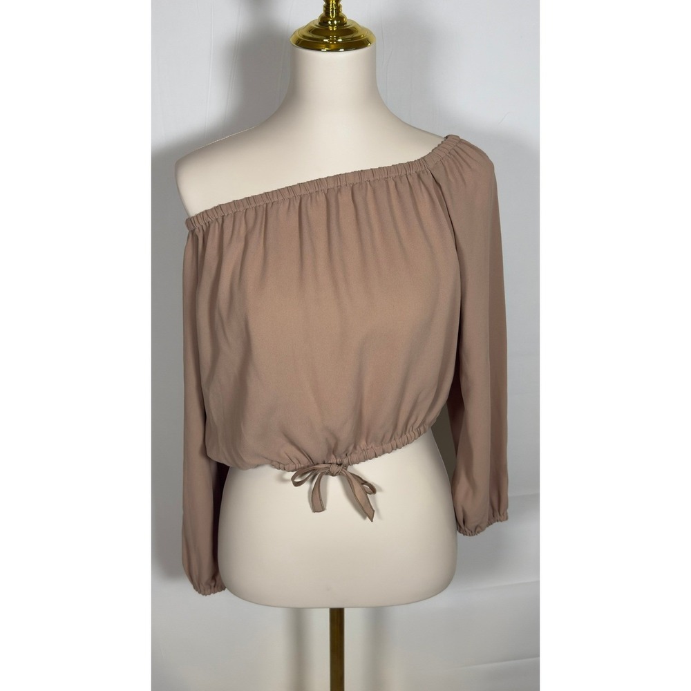 Wilfred Aritzia Off The Shoulder Crop Top Tan Long Sleeve Tie Front Blouse Small - Picture 4 of 10